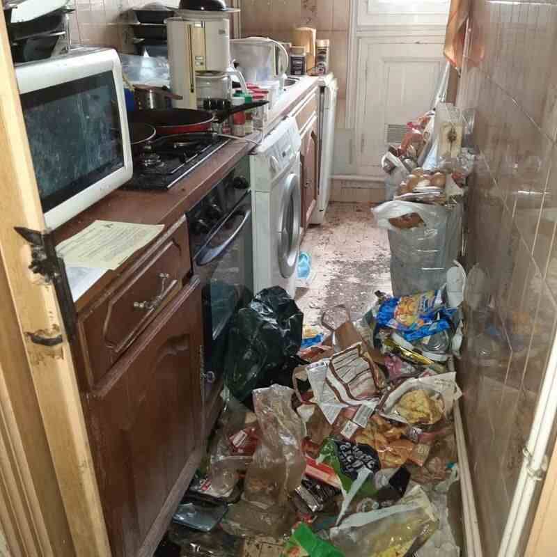 Cuisine encombrée et souillée dans un logement insalubre avant débarras