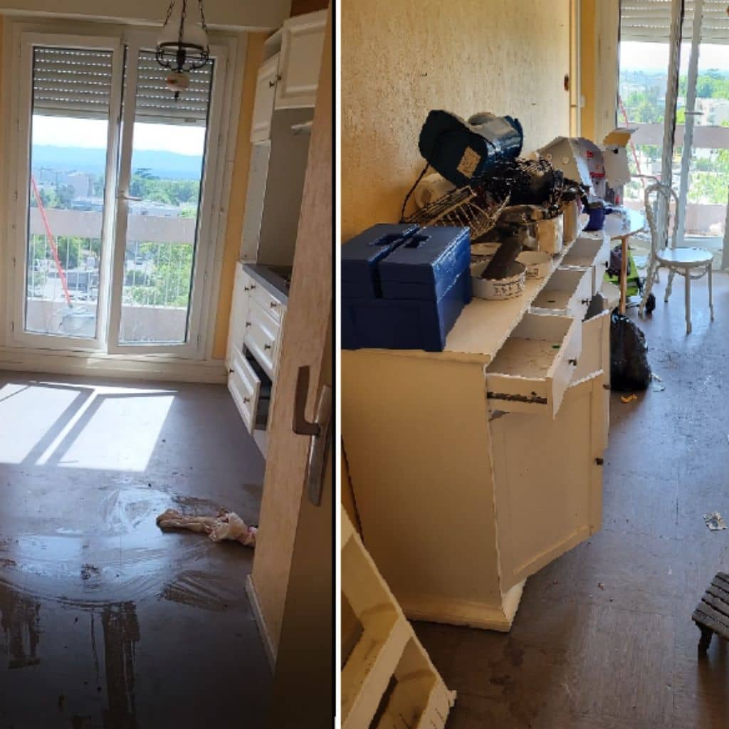 Chambre avant et après débarras : meubles et objets enlevés
